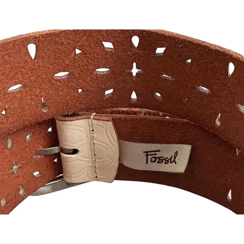 Fossil Western Floral Geometric Embossed Laser Cut Ivory Leather Belt Size S